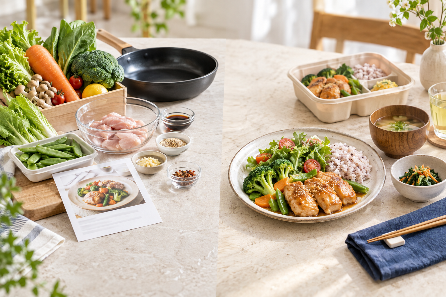 ミールキットの食材と調理済み宅配食を並べたイメージ