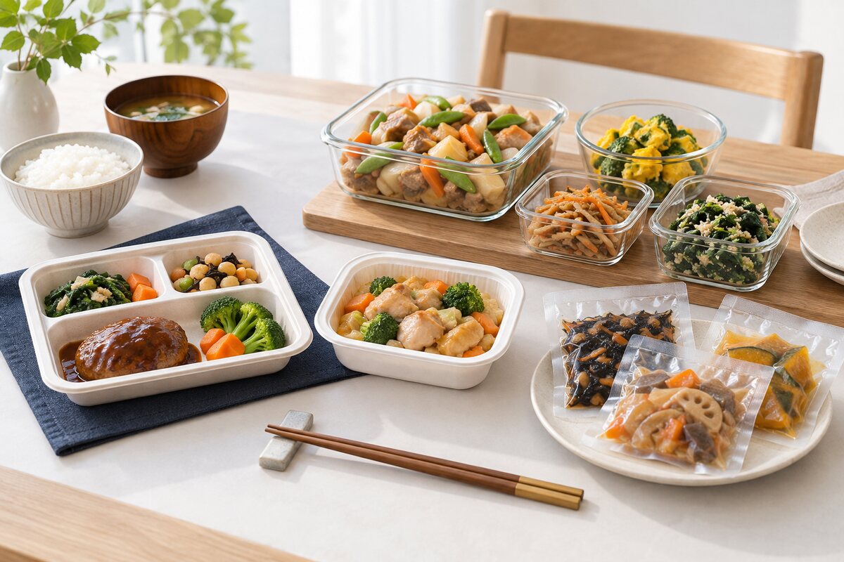 冷凍弁当、冷蔵つくりおき、個包装のおかずを並べた比較イメージ