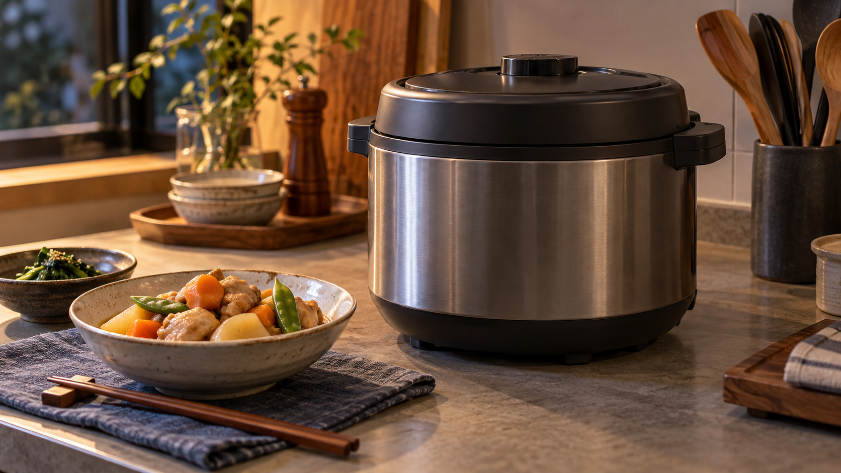 電気調理鍋と煮物を置いたキッチンの生活イメージ