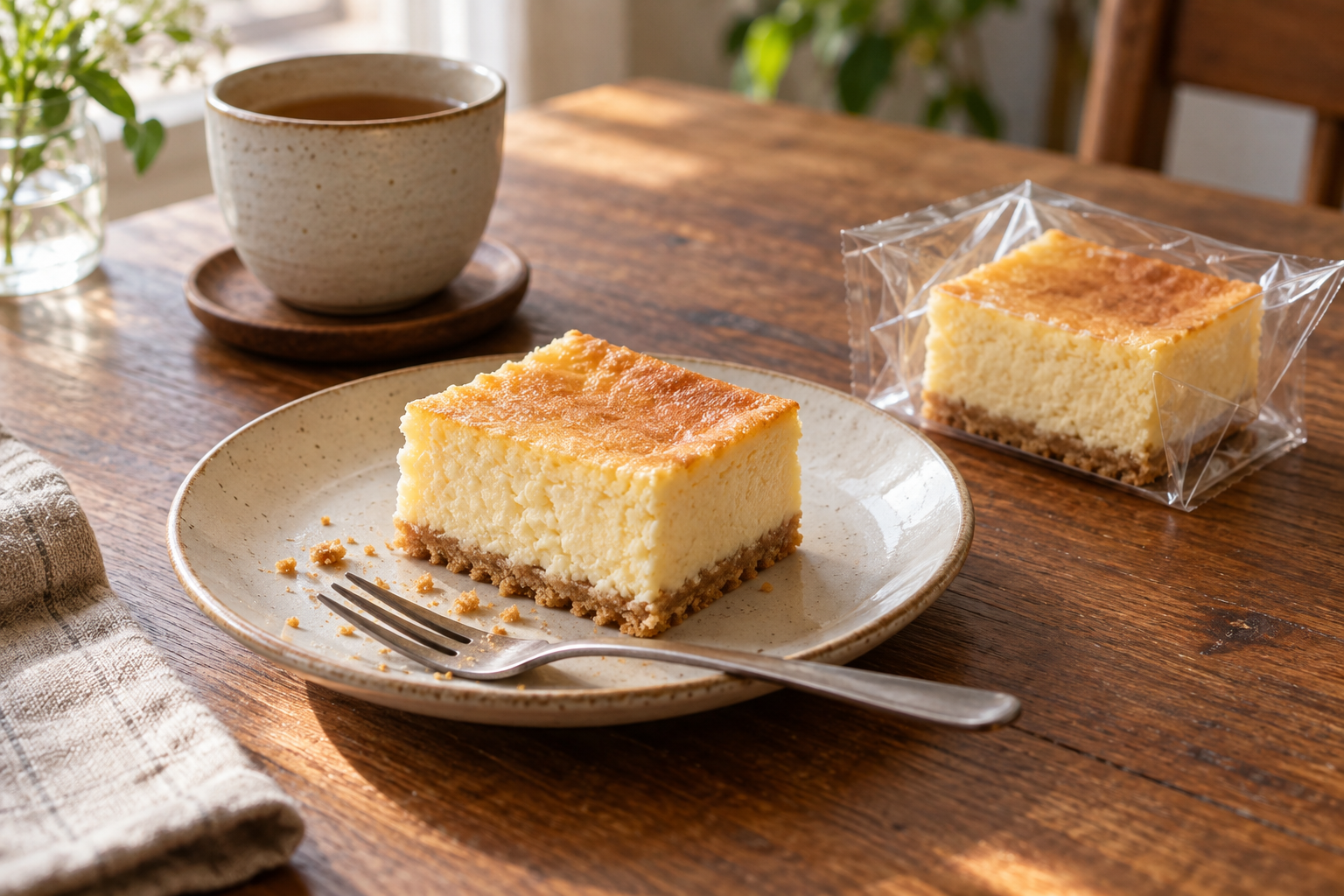 小皿のチーズケーキと個包装を添えた自宅カフェのイメージ