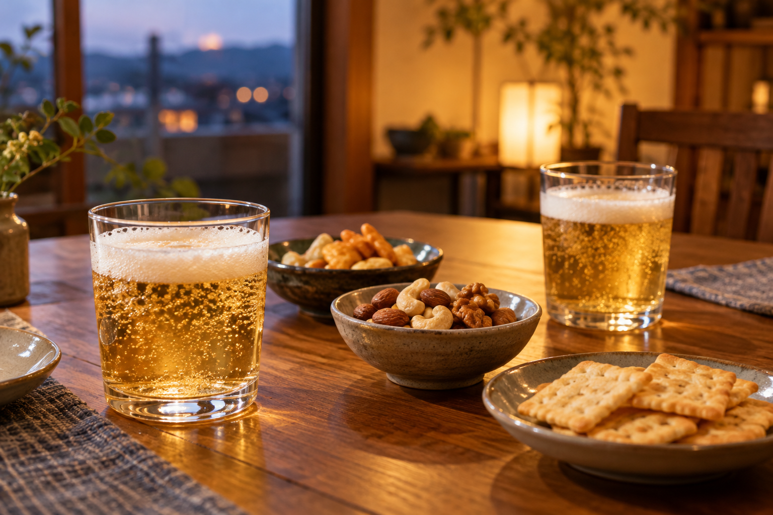 黄金色の飲料とナッツ・クラッカーを2人分用意したイメージ