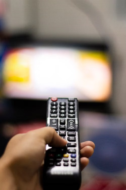 テレビのリモコンを手に持つ様子の写真
